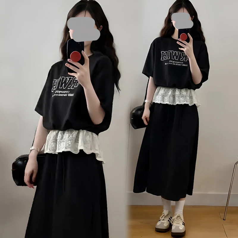 蕾丝拼接纯色卫衣休闲运动套装裙女元气穿搭蕾丝拼接半身裙两件套