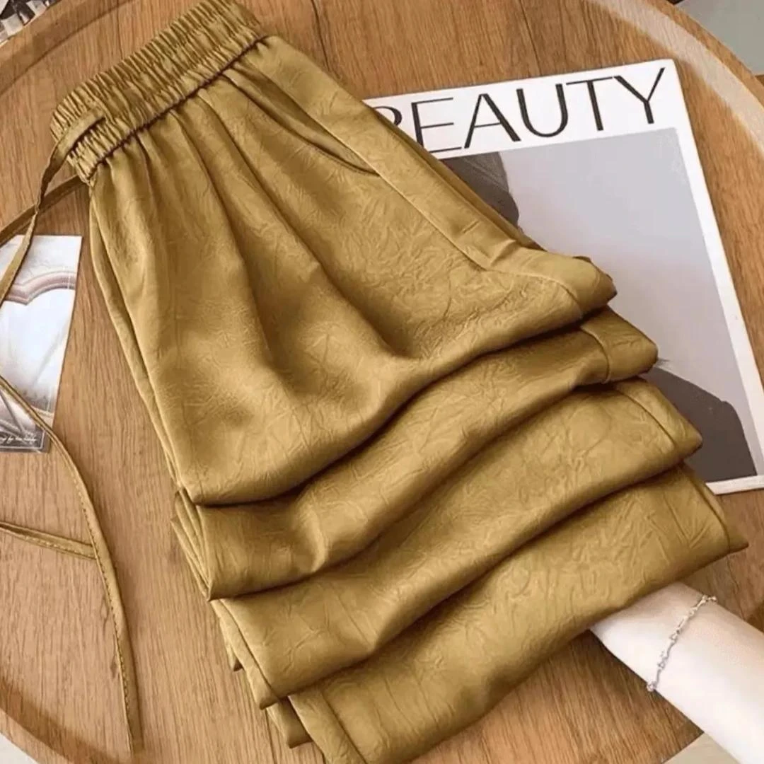 新中式醋酸肌理感冰丝双缎面轻奢小个子垂阔腿宽松新中式百搭裤