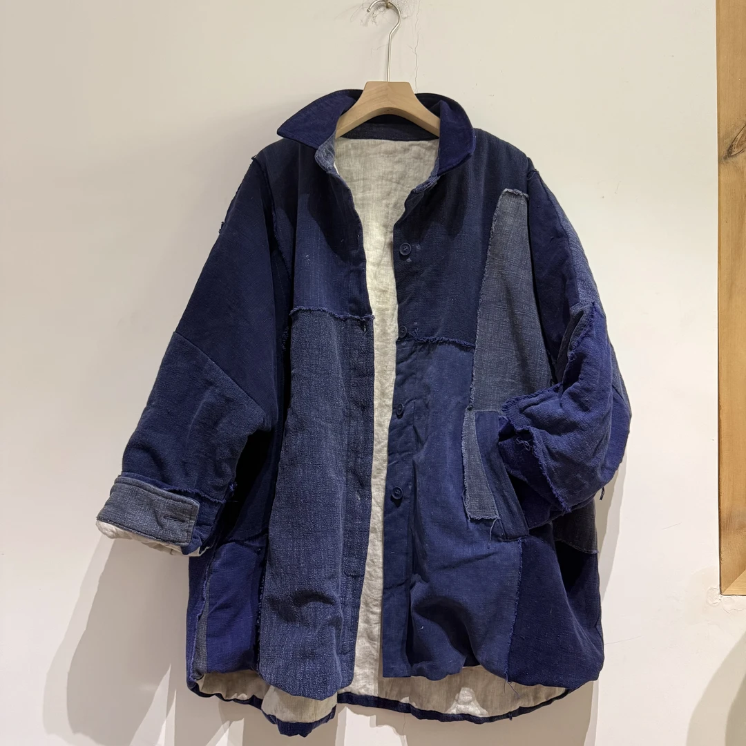 【二囍古朴】2601051土布拼布侧口袋絮片棉衬衣