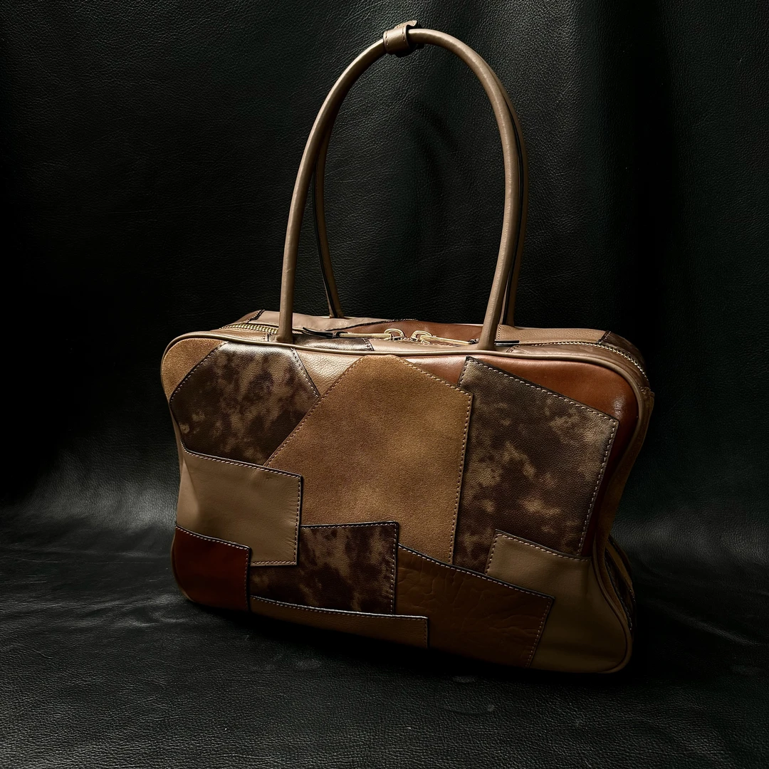 猫猫补丁包拼皮意大利蒙特原厂牛皮单肩包斜挎包黑色女士小香风