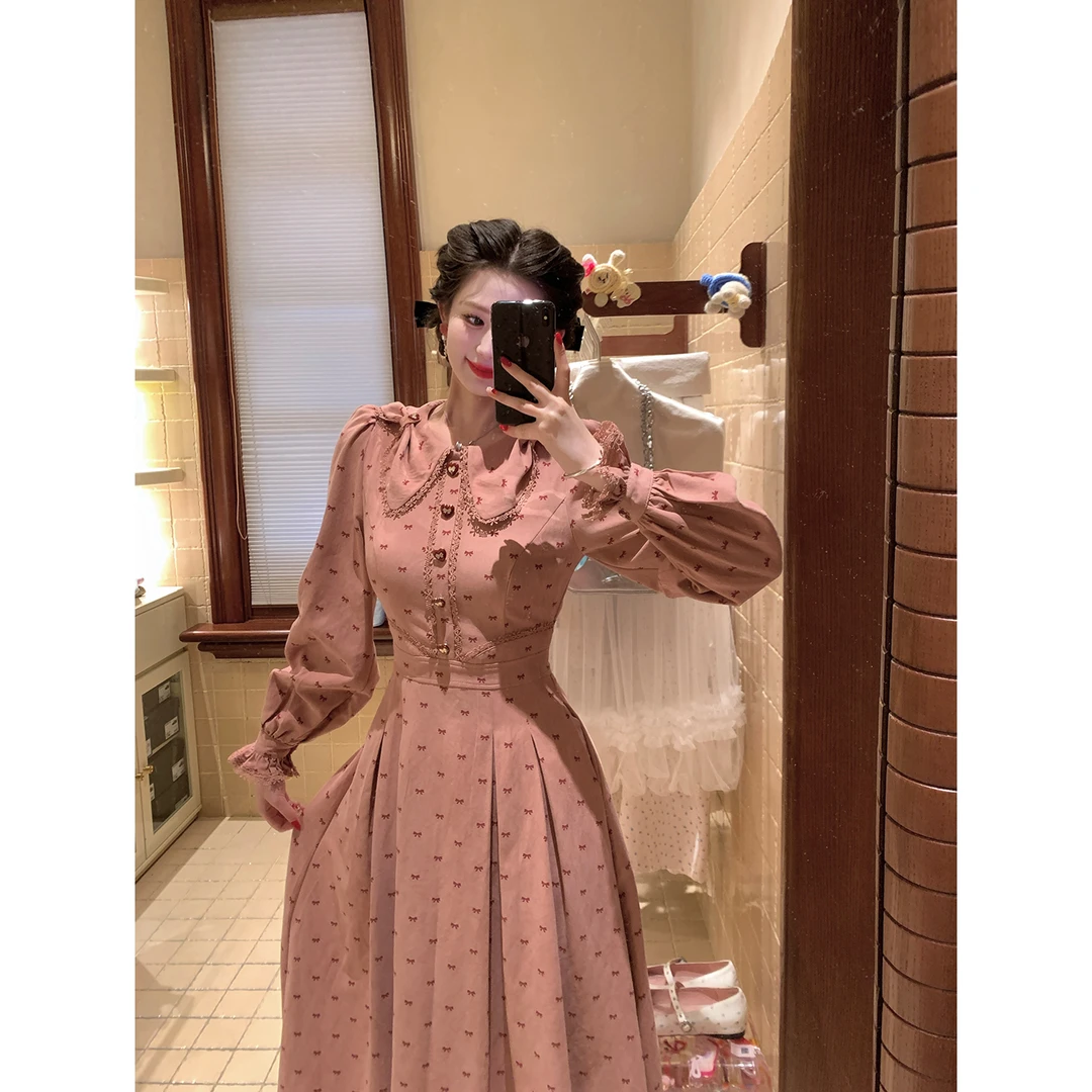 现货一生罗曼【蝴蝶少女】秋季新款女法式复古通勤显瘦连衣裙L1490