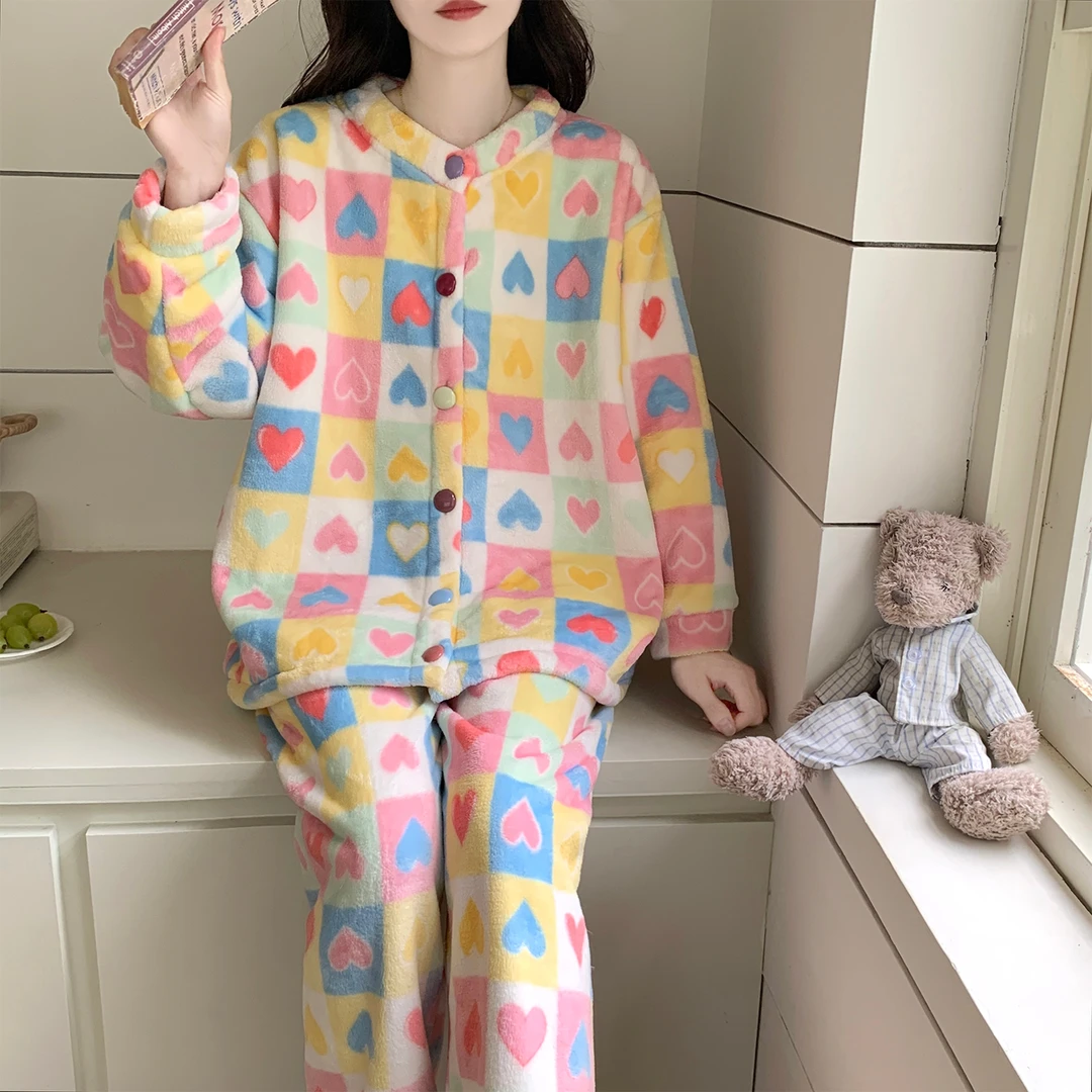 珊瑚绒睡衣女秋冬季大码加厚25新款开衫方格桃心套装可外穿家居服