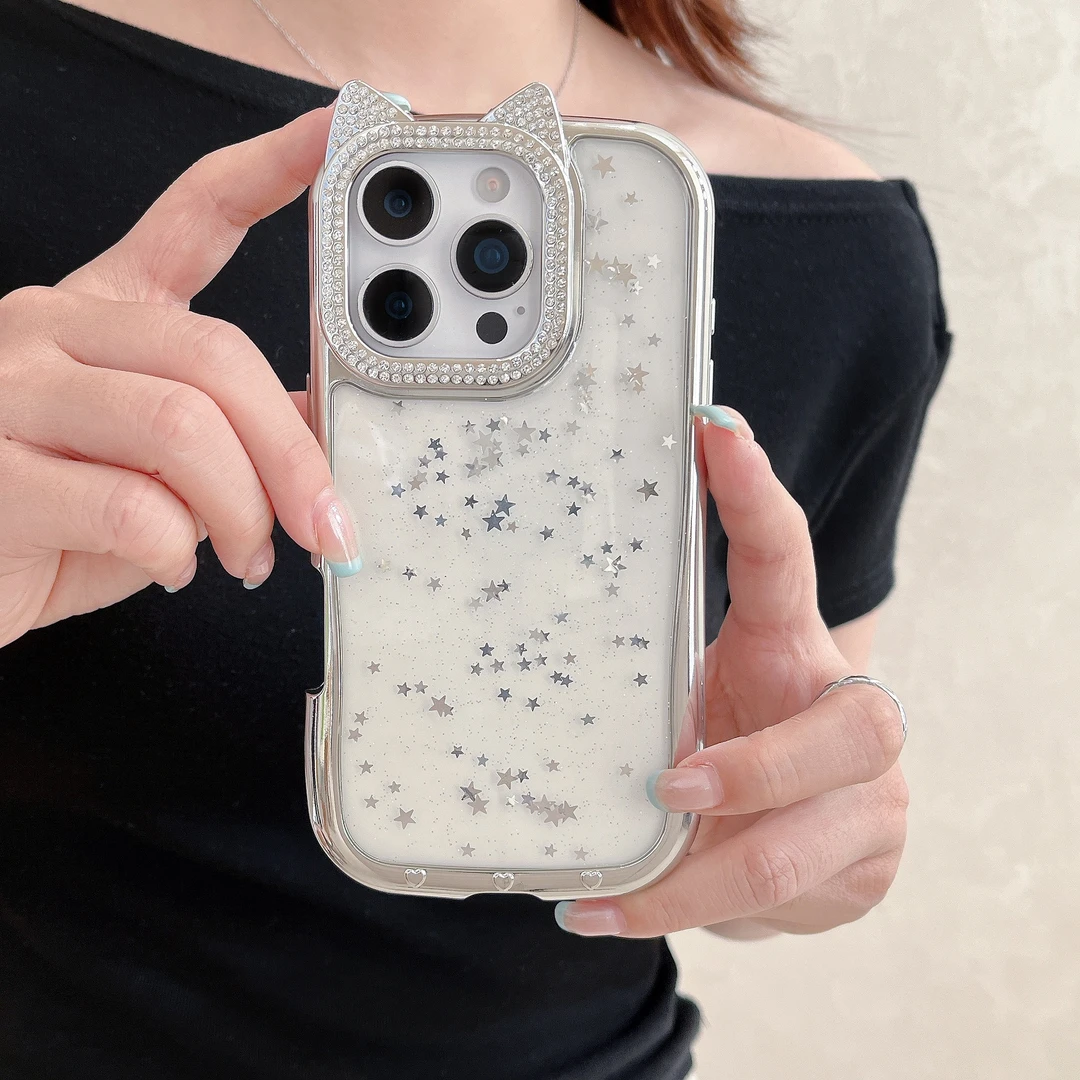 适用iPhone16ProMax闪钻手机壳苹果16可爱卡通猫耳朵15电镀保护套