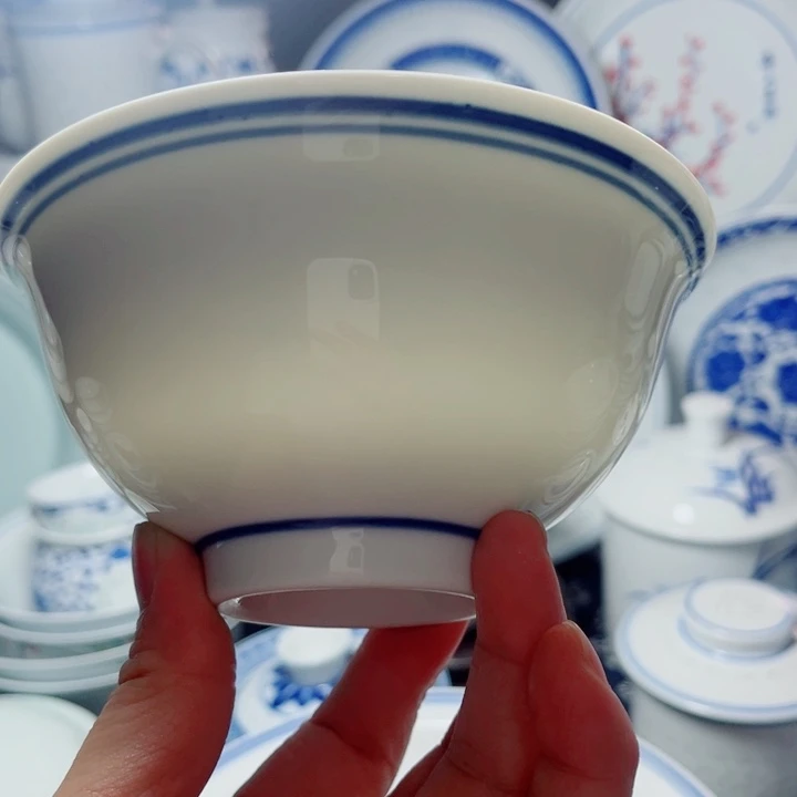 青花玲珑5寸饭碗手绘蓝边
