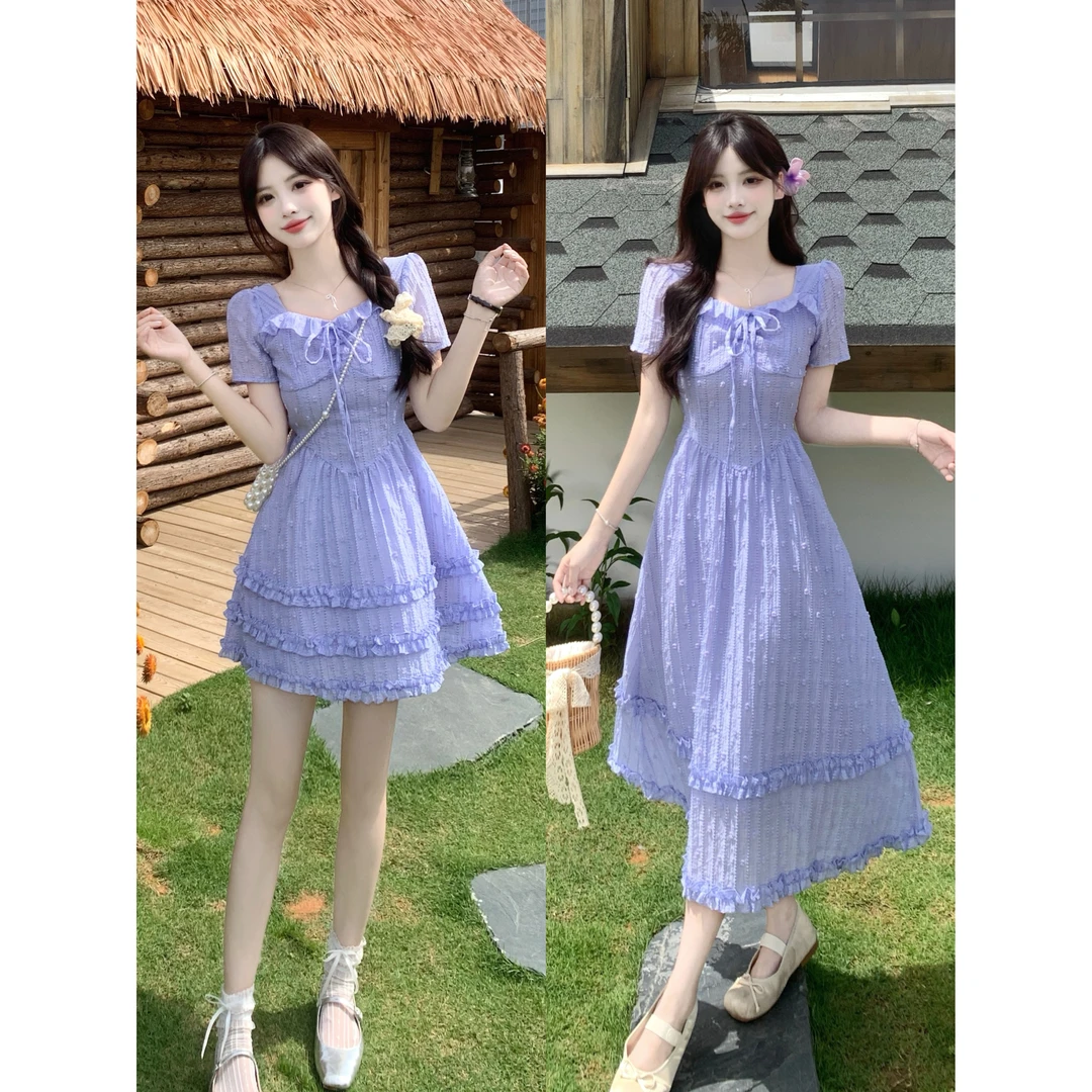 【小曹大码】气质方领绣花A字蝴蝶结收腰显瘦甜美连衣裙子-XTDM953