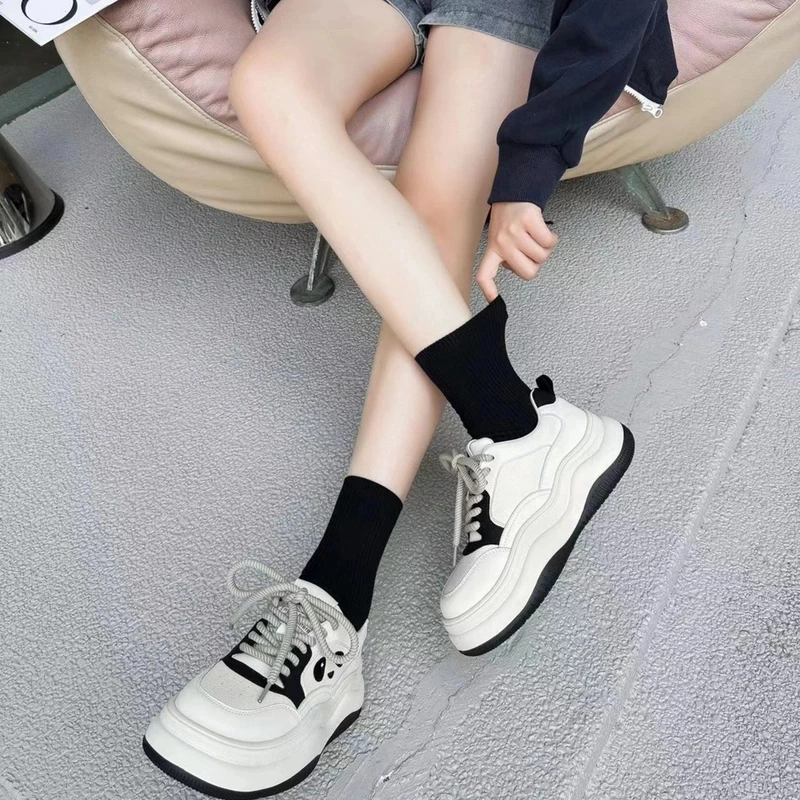 奥蔻（来福）2025新款小白鞋女真皮厚底熊猫鞋系带休闲运动鞋8666