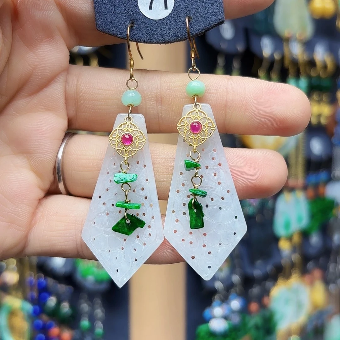 杰***茶翡翠银S925镶嵌耳饰