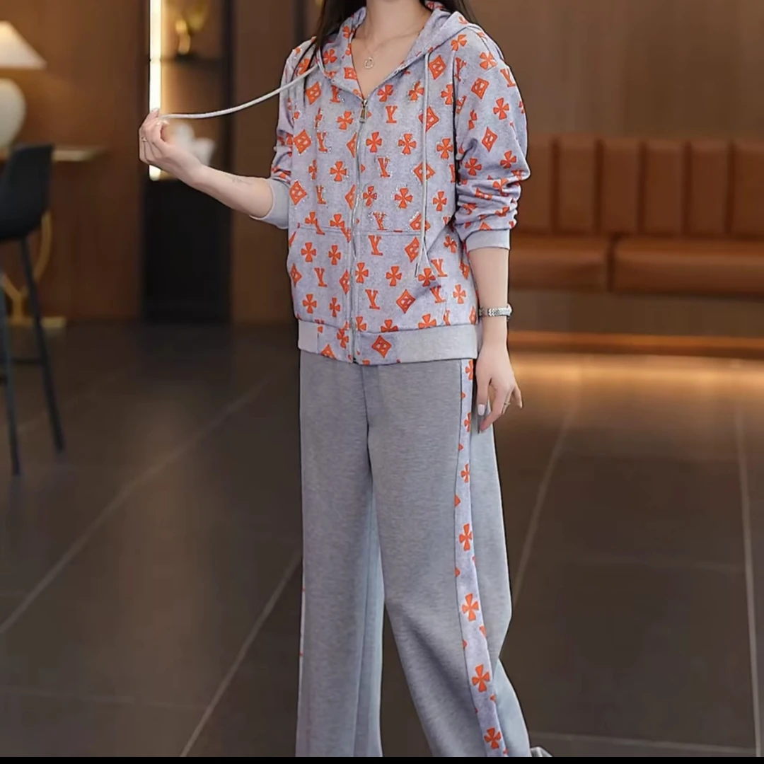 9918高端欧货运动休闲女装长袖开衫连帽卫衣套装秋季洋气