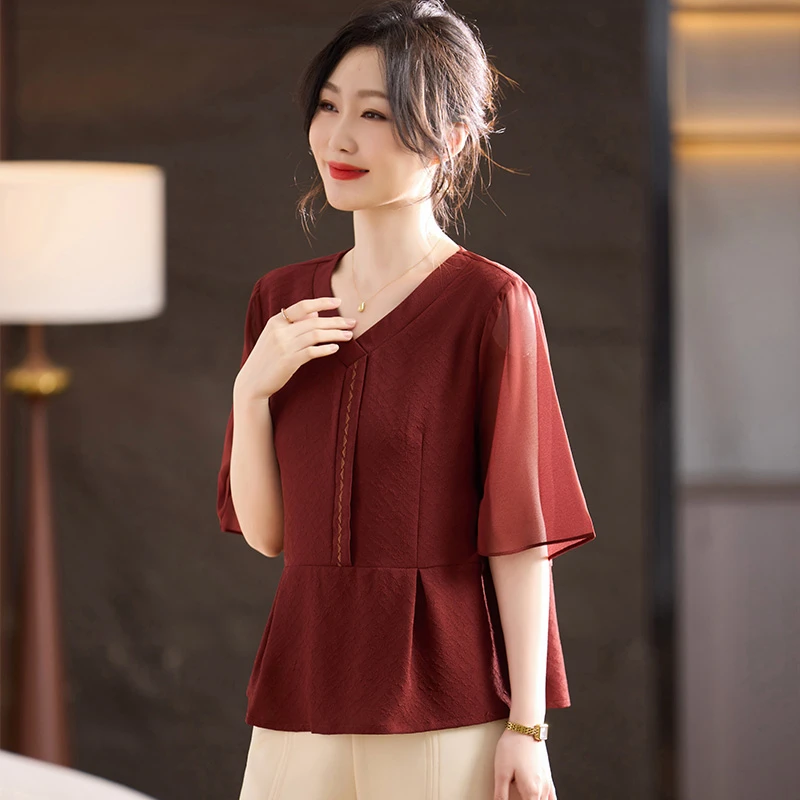 母亲节妈妈夏装洋气短袖雪纺T恤衫2025新款中年女装高贵夏季上衣