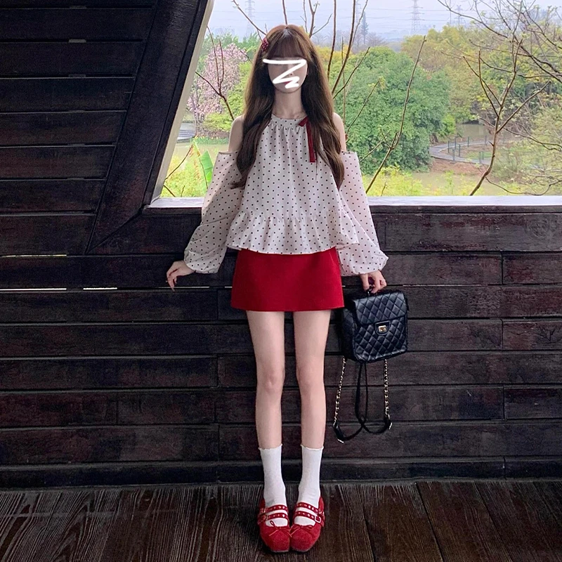 法式波点衬衫女2025春夏新款雪纺小衫设计感小众露肩长袖上衣1557