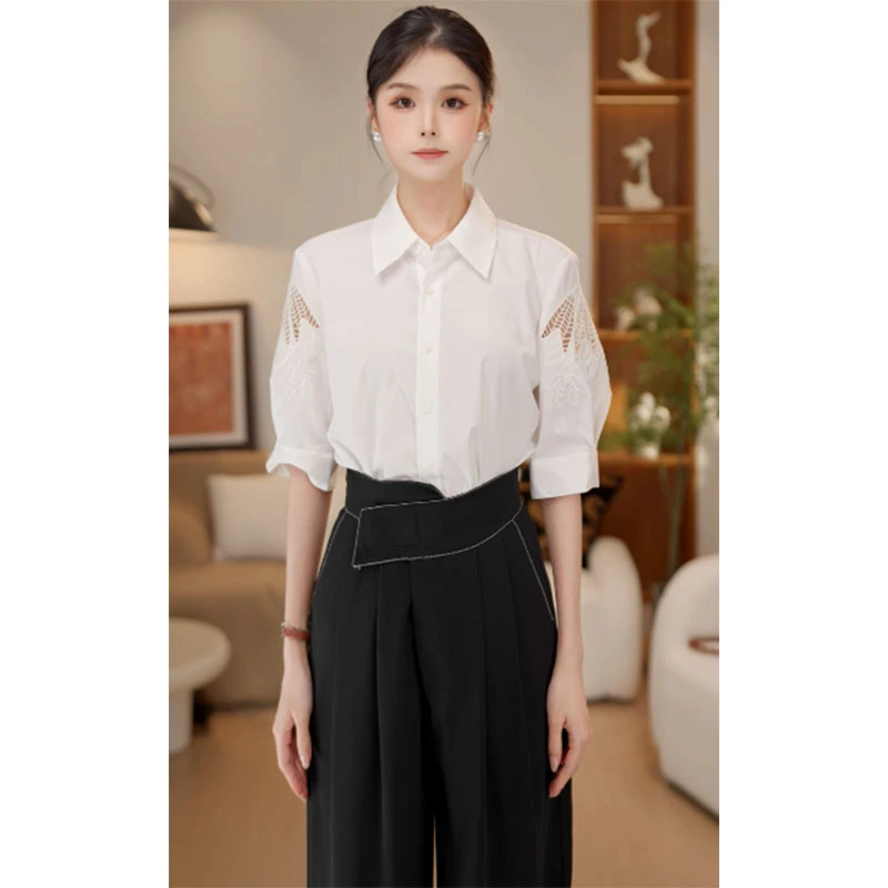 雪er【半世桃花】夏季新品镂空白色短袖衬衫女宽松百搭上衣W5202101