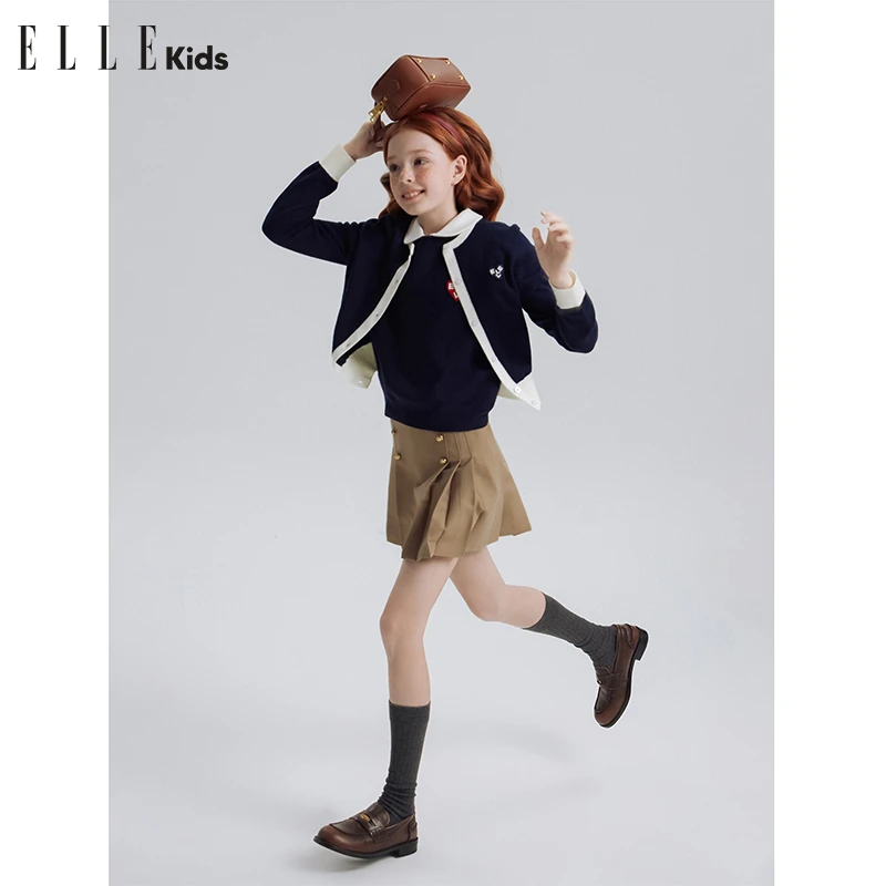 ELLE KIDS秋季时尚休闲百搭淑女风羊毛混纺撞色针织开衫Q1