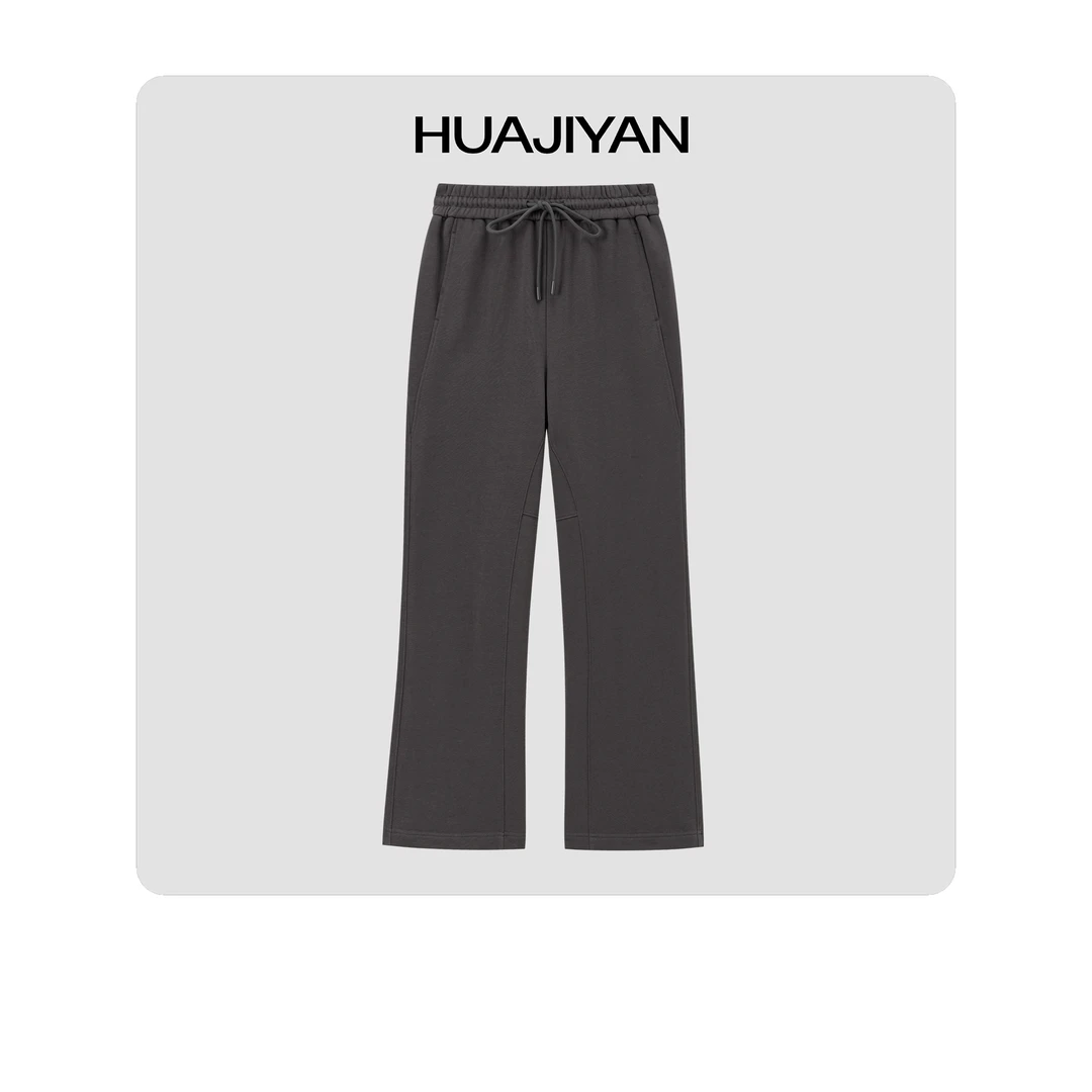 华吉言/HUAJIYAN【错觉】长绒棉混纺立裁抽绳松紧腰小微喇休闲卫裤