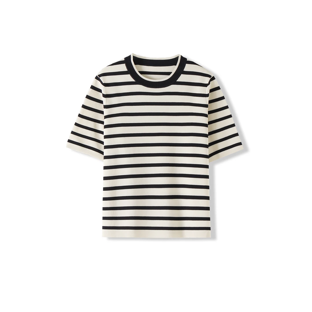 ZHUHE祝赫-莱赛尔醋酯桑蚕丝夏季气质经典条纹针织短袖-5XS26510