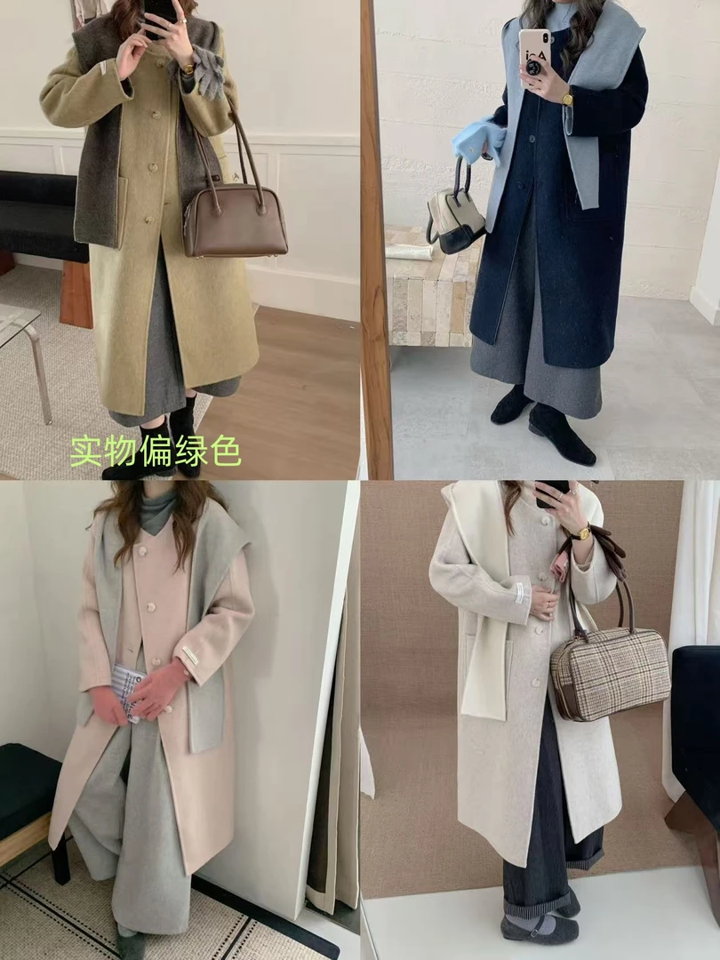 2503秋冬新款AB面双面羊毛大衣女可脱卸围巾帽中长款羊毛呢外套