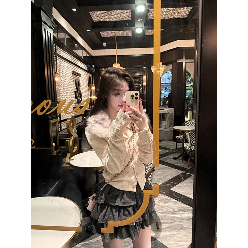 2025秋季新款设计感可拆卸毛领气质显瘦短款外套韩系休闲半身裙女