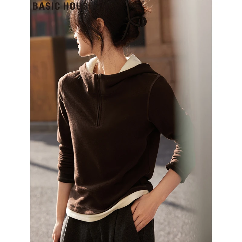 Basic House/百家好静奢老钱风加绒连帽半拉链卫衣女秋季2025新款