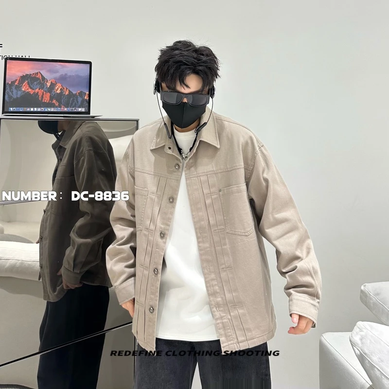 粉 痞帅2024春复古做旧重磅水洗牛仔压褶工艺翻领宽松外套8836