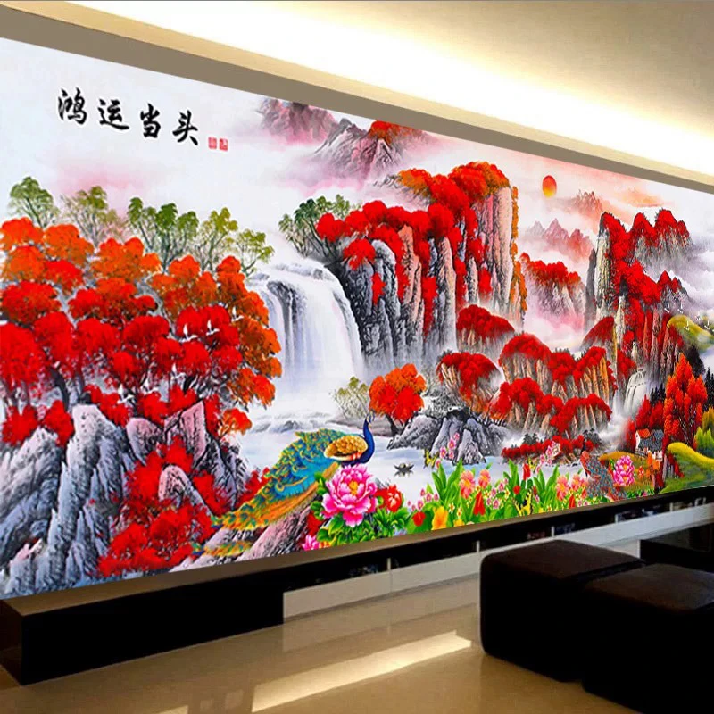 十字绣成品人工绣好的图鸿运当头孔雀山水图风景画装饰客厅挂画