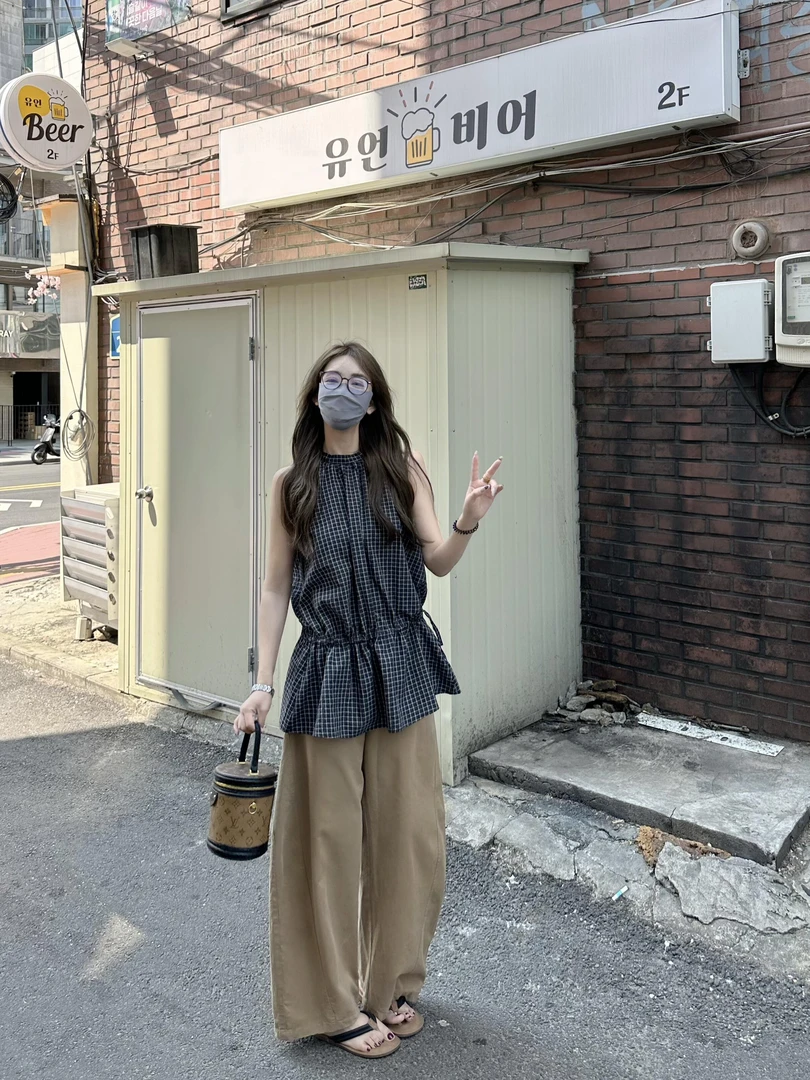 2025春夏新款气韩系格子抽绳格子吊带上衣高腰百搭休闲裤两件套