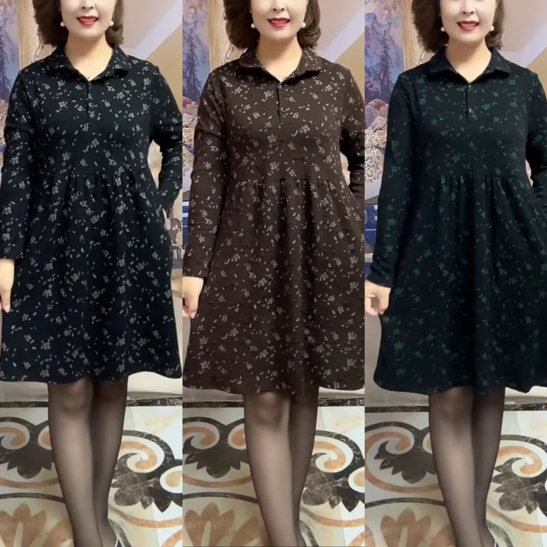 时尚大气高端女装翻领大码碎花显瘦宽松长袖印花连衣裙