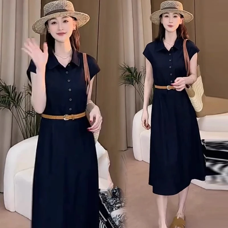 2025夏季新款时尚连衣裙女洋气显瘦设计感短袖衬衫中长款裙子