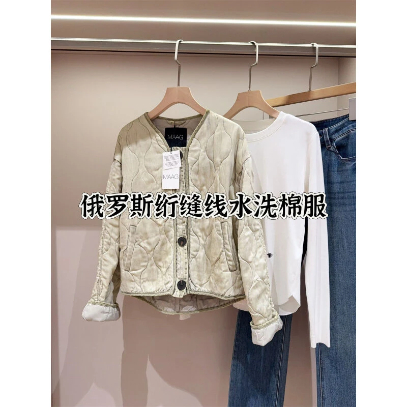 俄罗斯单 做旧水洗色绗缝线棉服女