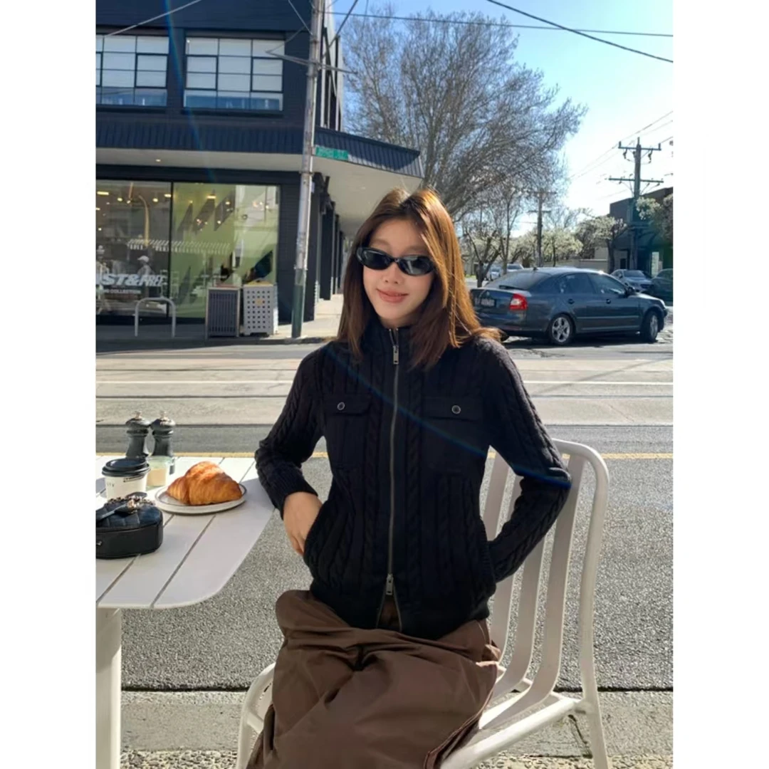 H1282【漫步垦丁】 极简Row系休闲立领双口袋毛针织开衫上衣毛衣女