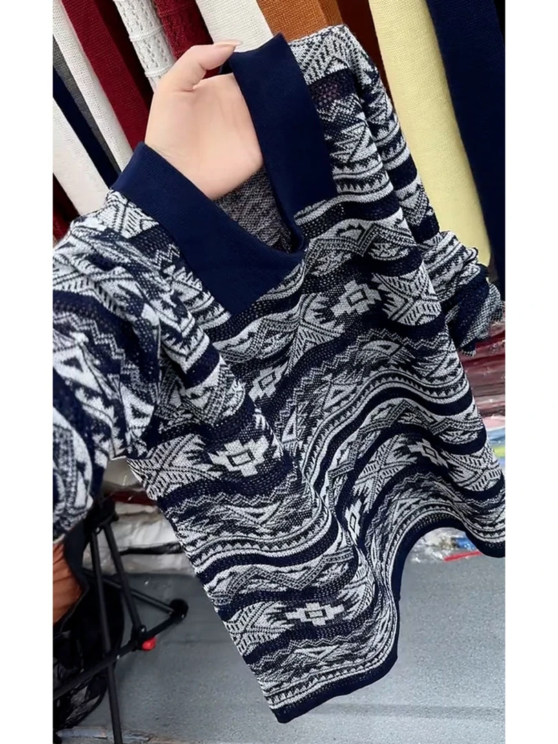 流光风今年流行法式漂亮小上衣巨好看藏青色印花针织衫T恤女秋季