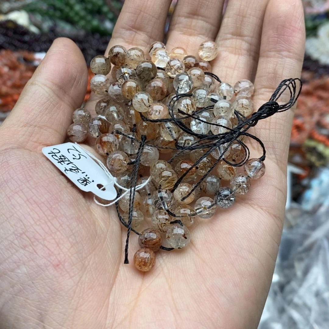 玛瑙/玉髓未镶嵌珠宝半成品12颗天然6mm黑金超七水晶圆珠