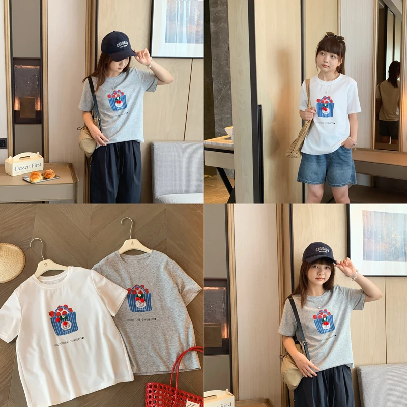 女大童韩版樱桃短袖2025夏季新款少女小清新正肩T恤学生休闲上衣