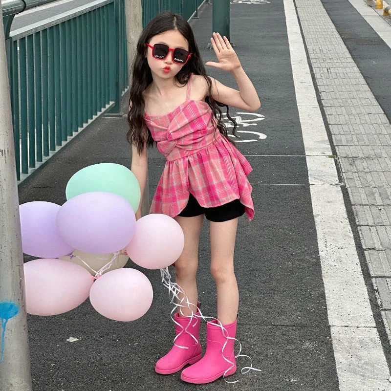 女童夏季连衣裙2025新款大童韩版洋气吊带背心裙子儿童夏款格子裙
