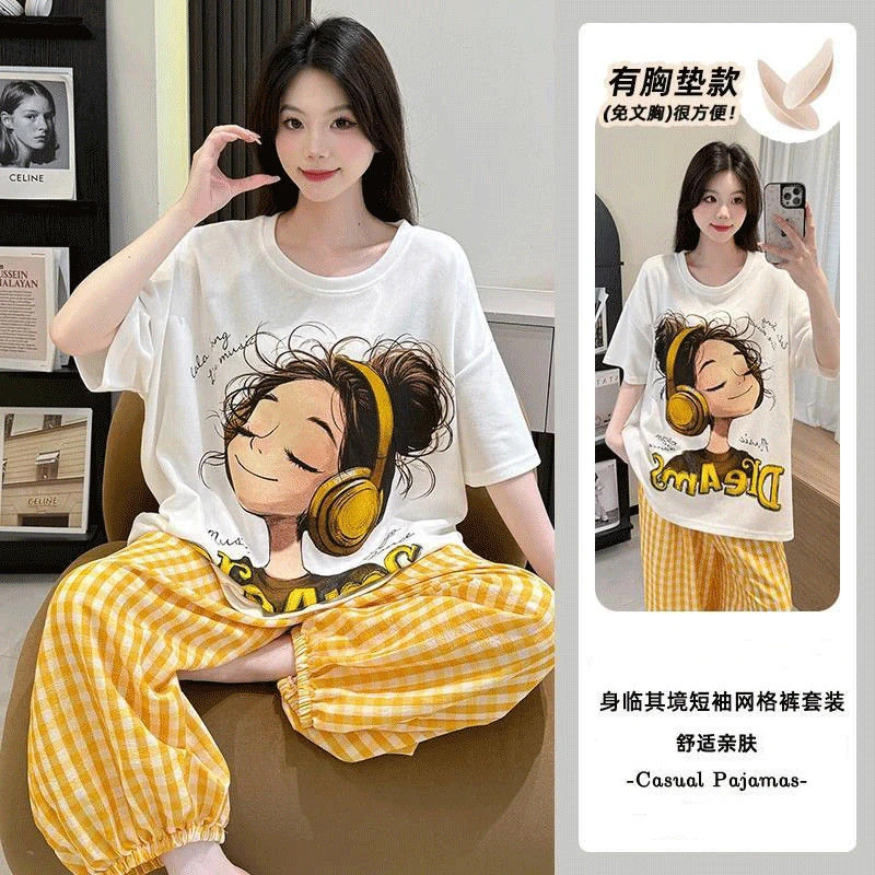 2025年带胸垫睡衣女夏季短袖长裤卡通耳机女孩家居服棉质套装外穿