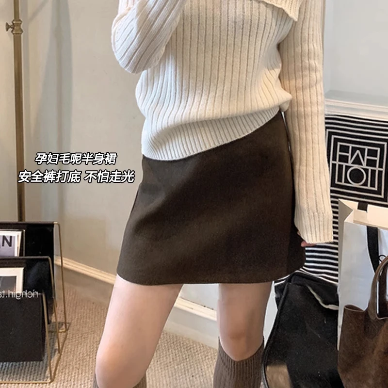 孕妇毛呢短裙女秋冬季小个子高腰托腹百搭半身裙a字显瘦包臀裙秋
