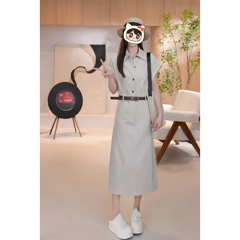 香朵儿韩版洋气设计感连衣裙女2025夏季新款小众POLO领口袋长裙子