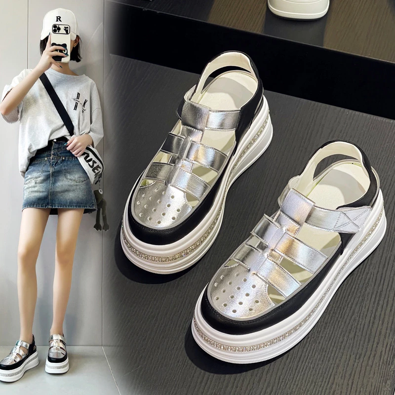 （高品质罗）马包头凉鞋女夏季新款松糕厚底增高小白鞋女真皮洞洞鞋