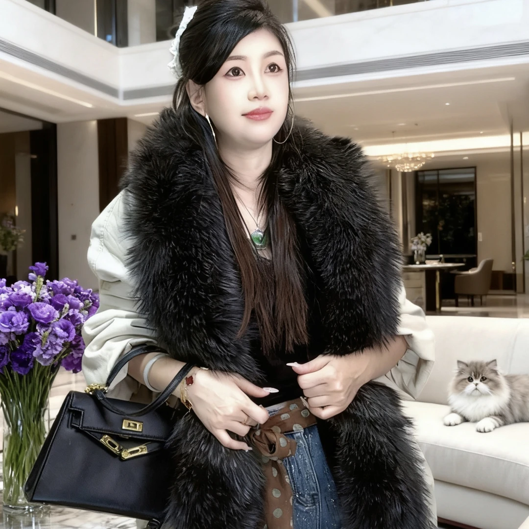 Bikamo/2025宽松型长袖休闲风厚款毛领拼接轻奢皮衣外套P0430白色