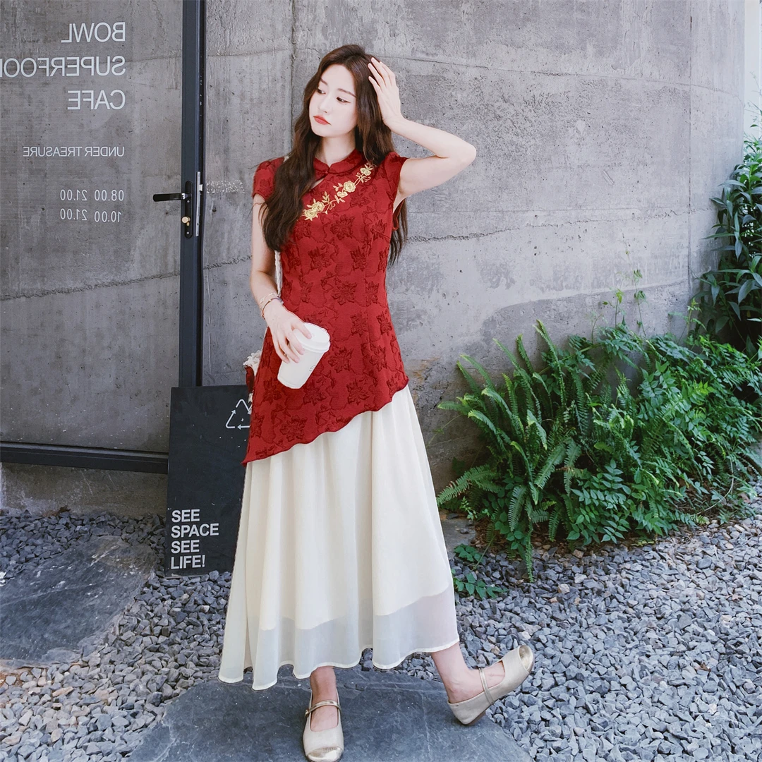 新中式国风刺绣拼接假两件红色旗袍女夏季新款复古优雅气质连衣裙