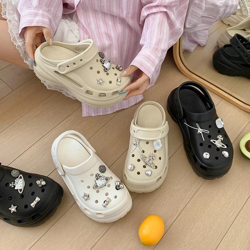 南在南方黑色防滑增高厚底洞洞鞋女夏外穿2025新款软底法式凉拖鞋