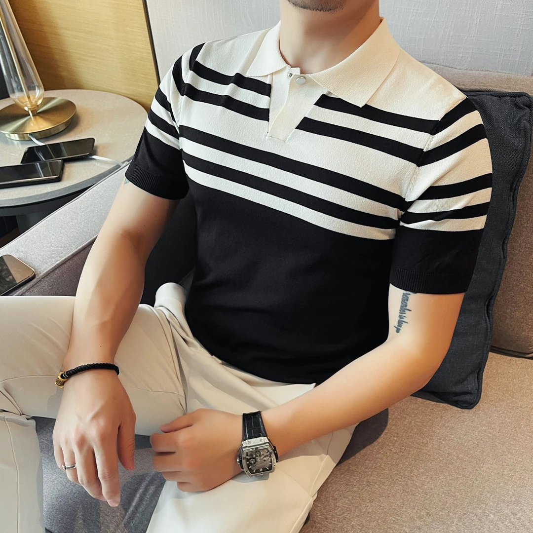 夏季男士经典条纹短袖polo衫透气修身薄款冰丝商务休闲翻领T恤