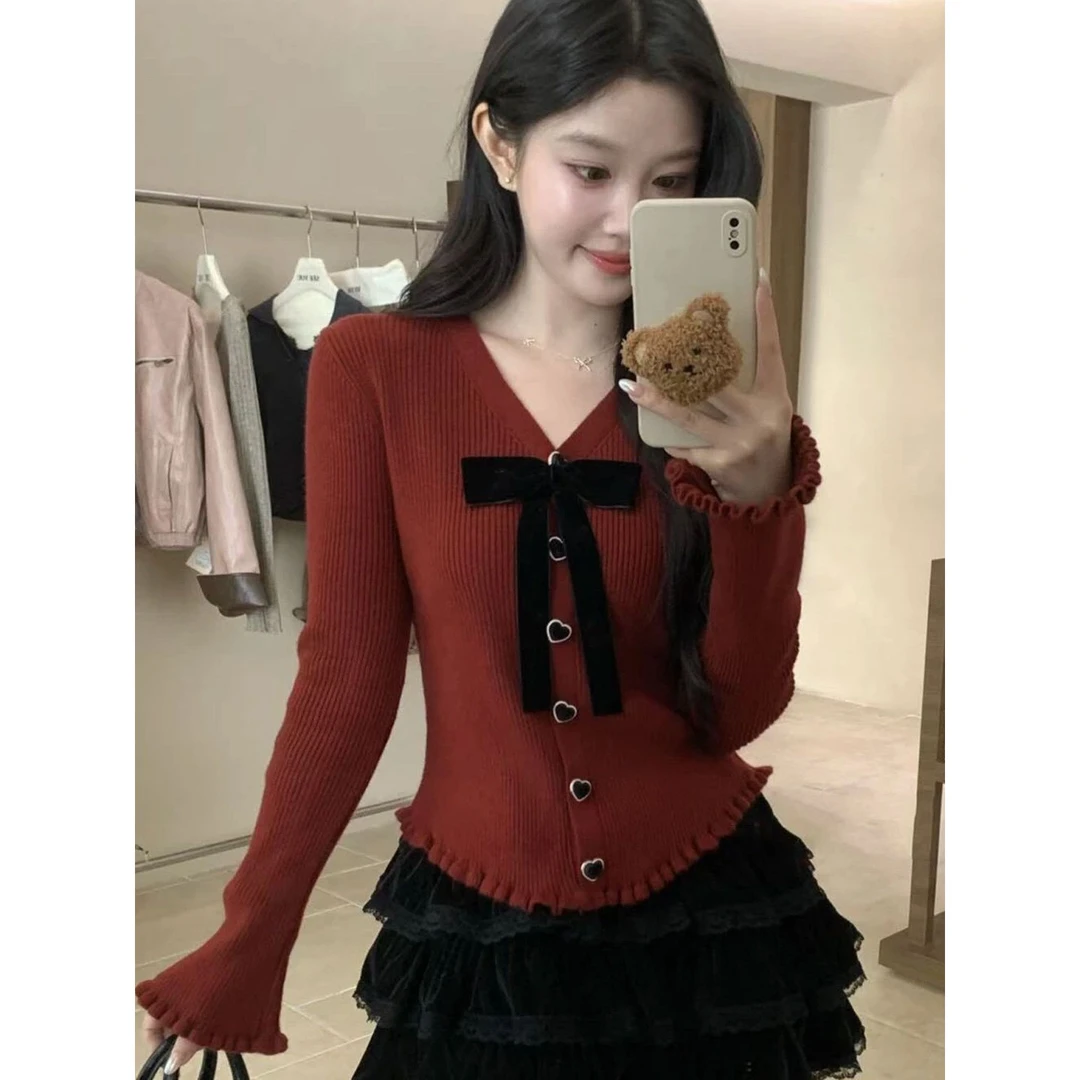 小香风蝴蝶结长袖红色毛衣女秋冬季修身显瘦独特漂亮打底针织开衫