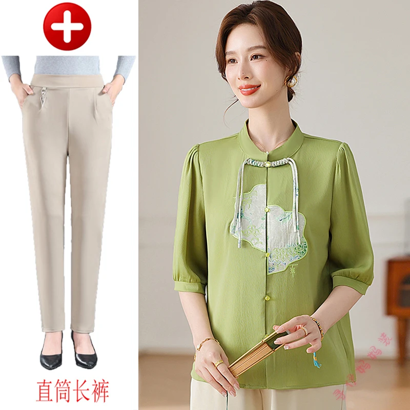 新款夏季时尚妈妈装新中式开衫中老年女装减龄衬衫国风薄款打底衫