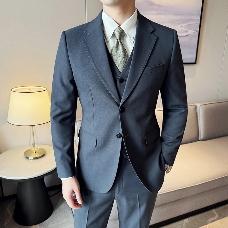 秋冬新款男士新郎结婚羊毛西装男士商务休闲显瘦西服三件套礼服