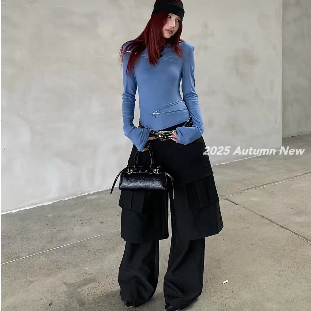 DAJI秋季新款显瘦假两件百搭阔腿工装西裤小众设计别致独特工装裤