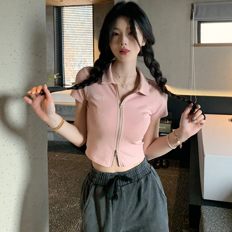 甜美粉色拉链刺绣短袖针织开衫女夏短款修身小个子polo领t恤上衣