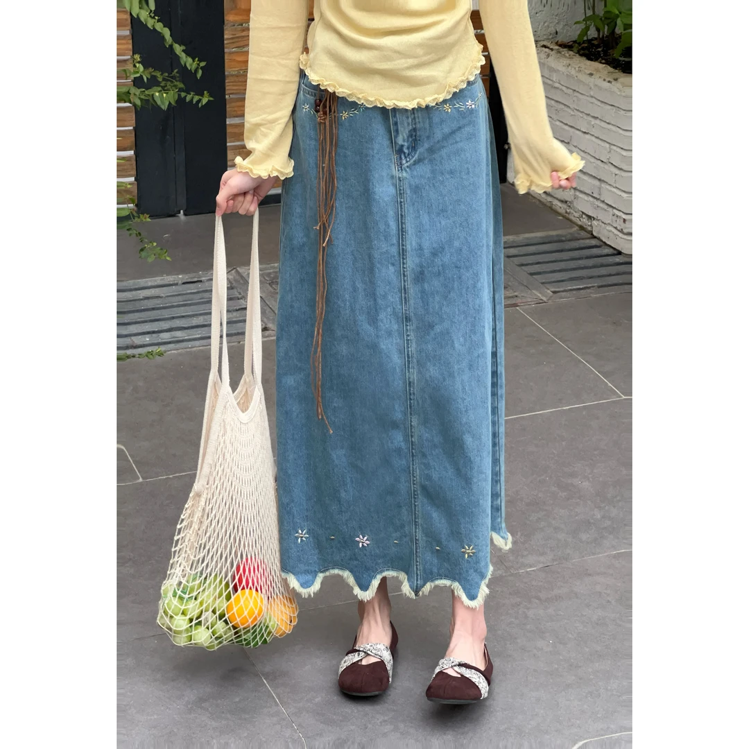 温敏er【梦旅人】蓝色刺绣牛仔半身裙爆款2025中长半裙MX9019434