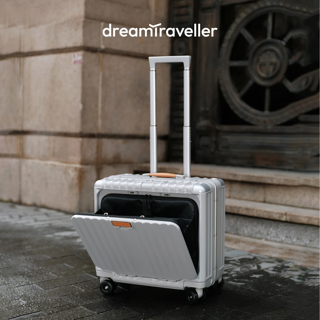 梦旅者新款18寸拉杆箱前开口小型行李箱铝框登机箱密码旅行箱男女