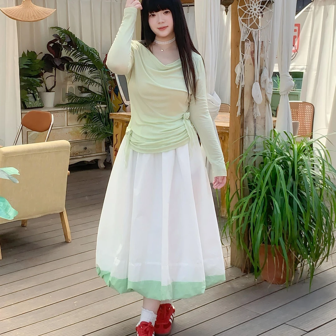 [夏日清新]2025新款简约纸感大码宽松显瘦中长款拼接花苞半身裙