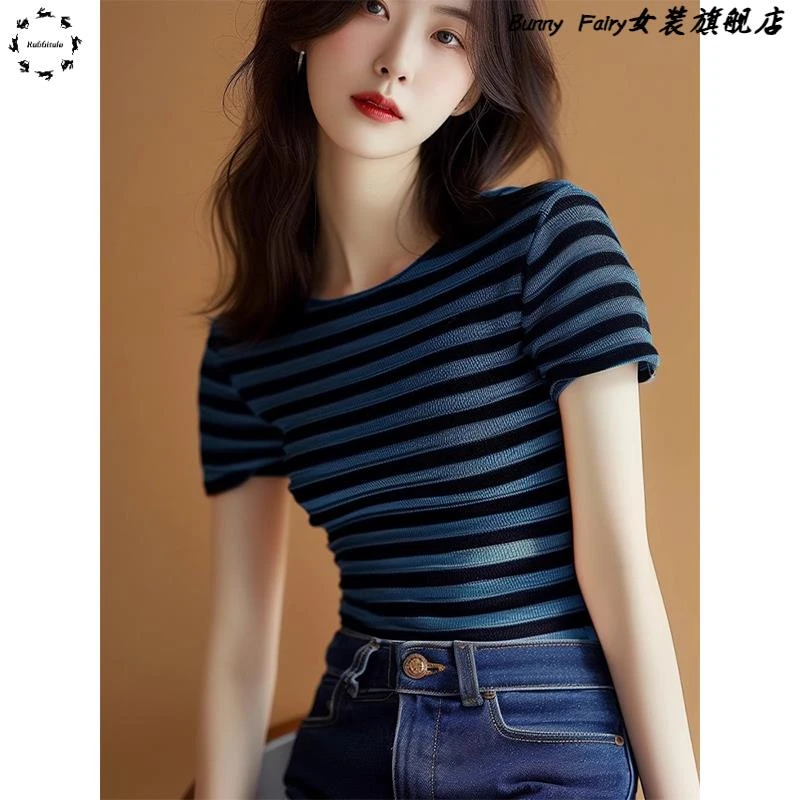 2025夏季新款深蓝色条纹针织衫短袖女时尚圆领小众设计感百搭T恤