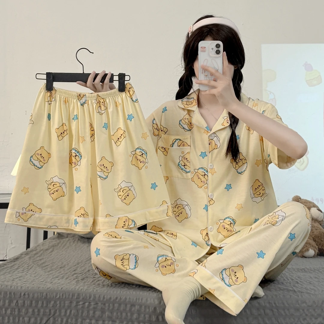 可爱黄油小熊睡衣春夏针织棉短袖短裤卡通学生大码男女家居服套装